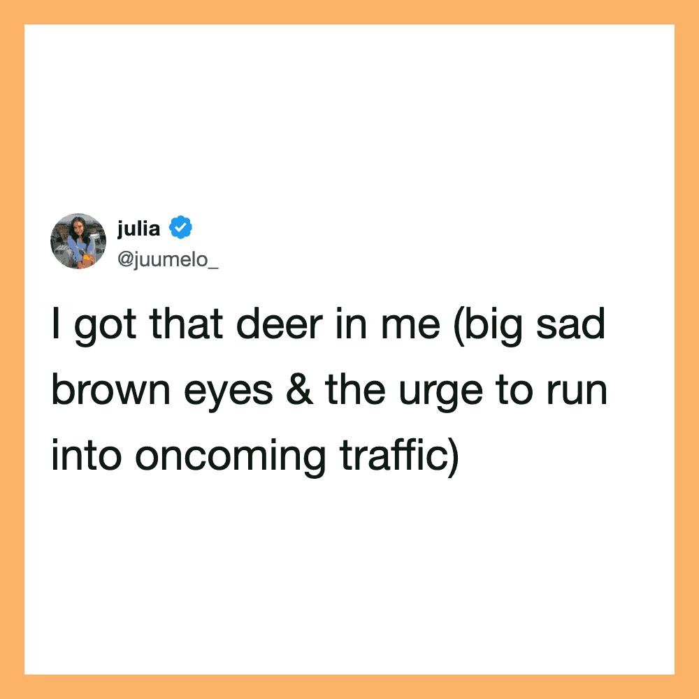 Twitter post by julia about a deer with sad eyes and the urge to run into traffic.