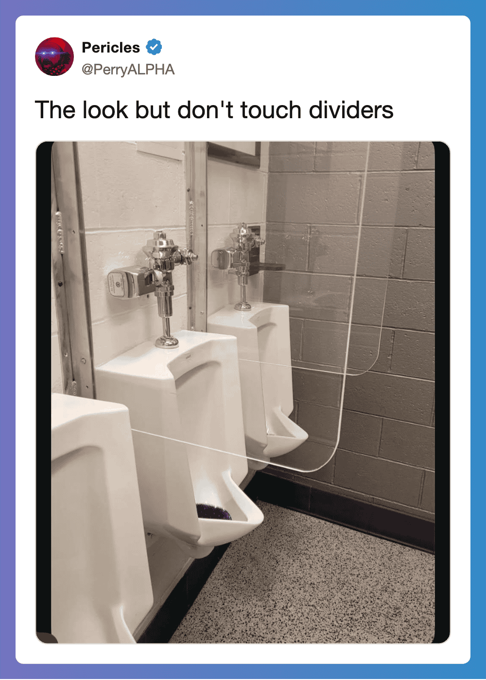 Three urinals with dividers, one with a sign saying 'The look but don't touch dividers'.