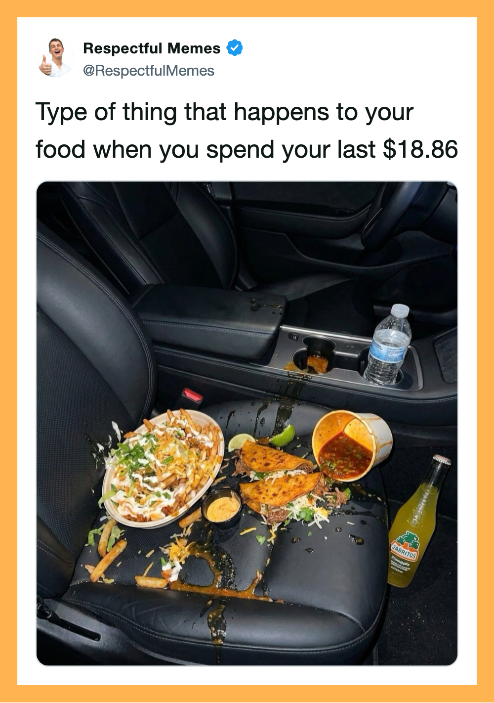 Food spilled on car seat with a bowl of noodles, chicken, and a drink.