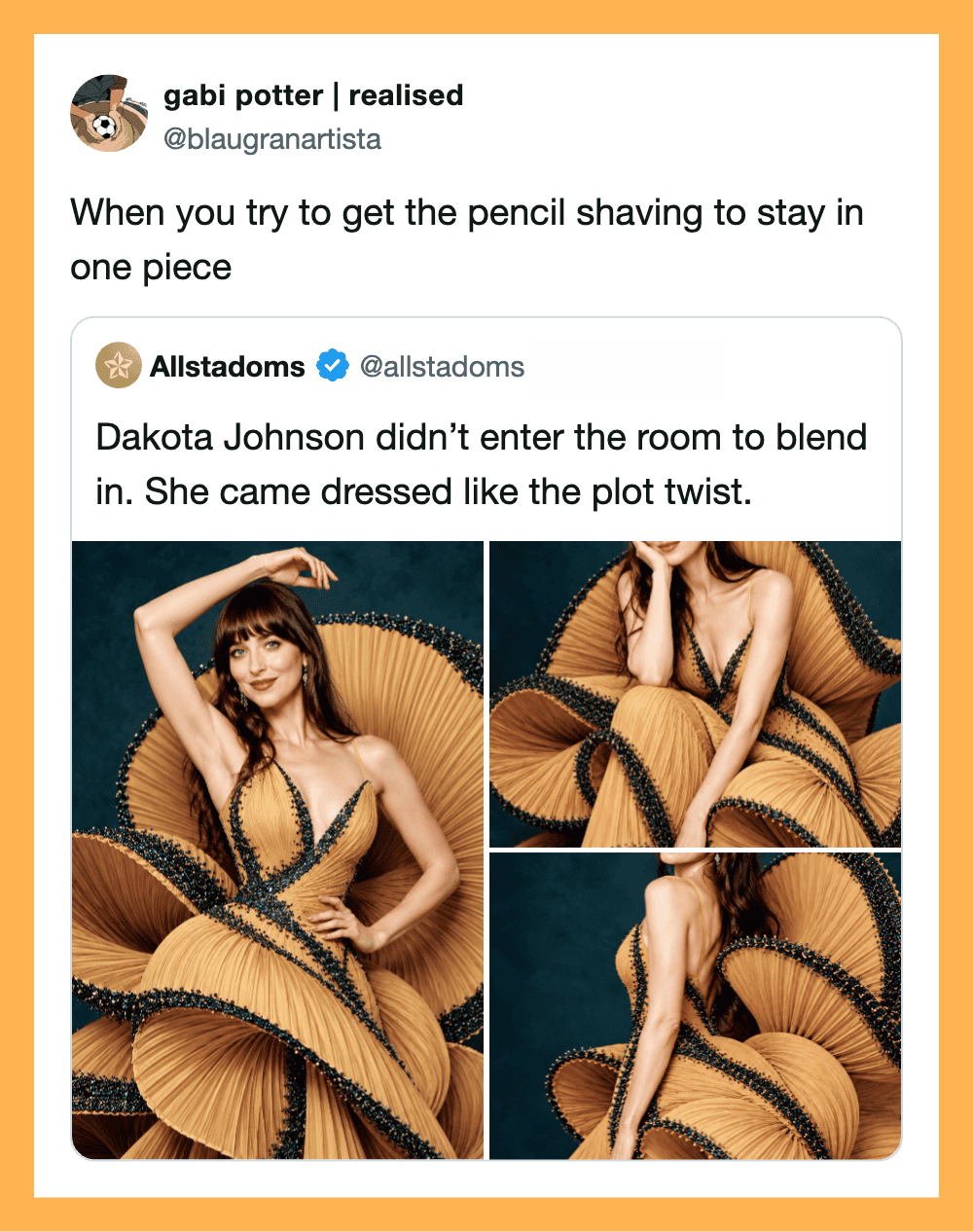 Dakota Johnson dressed like a plot twist in a large, pleated, fan-like costume.