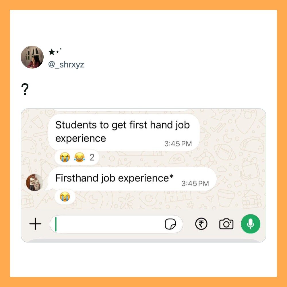 WhatsApp chat about students getting first hand job experience, with laughing emojis.