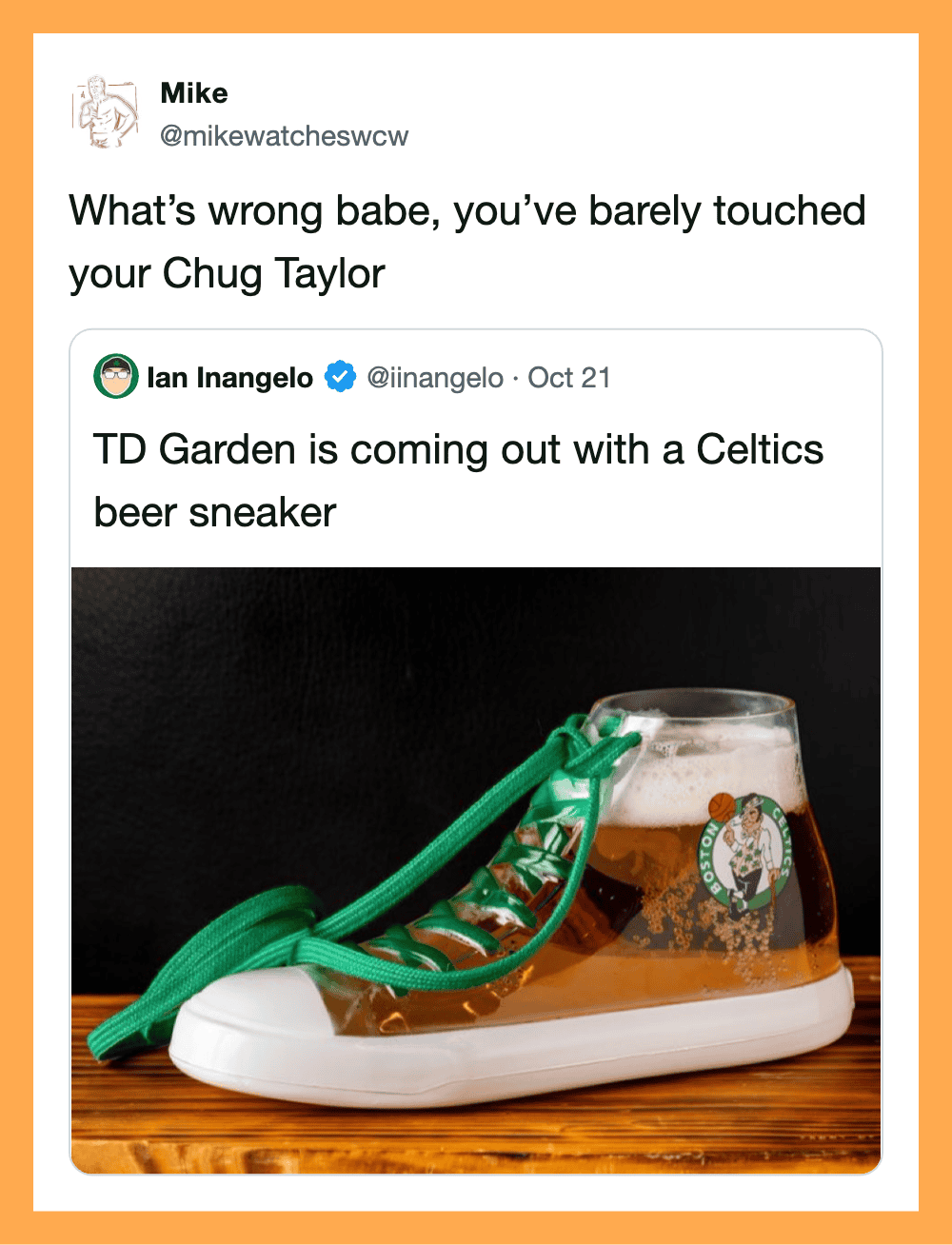 Tweet about Chug Taylor touching, with an image of a Celtics beer sneaker.