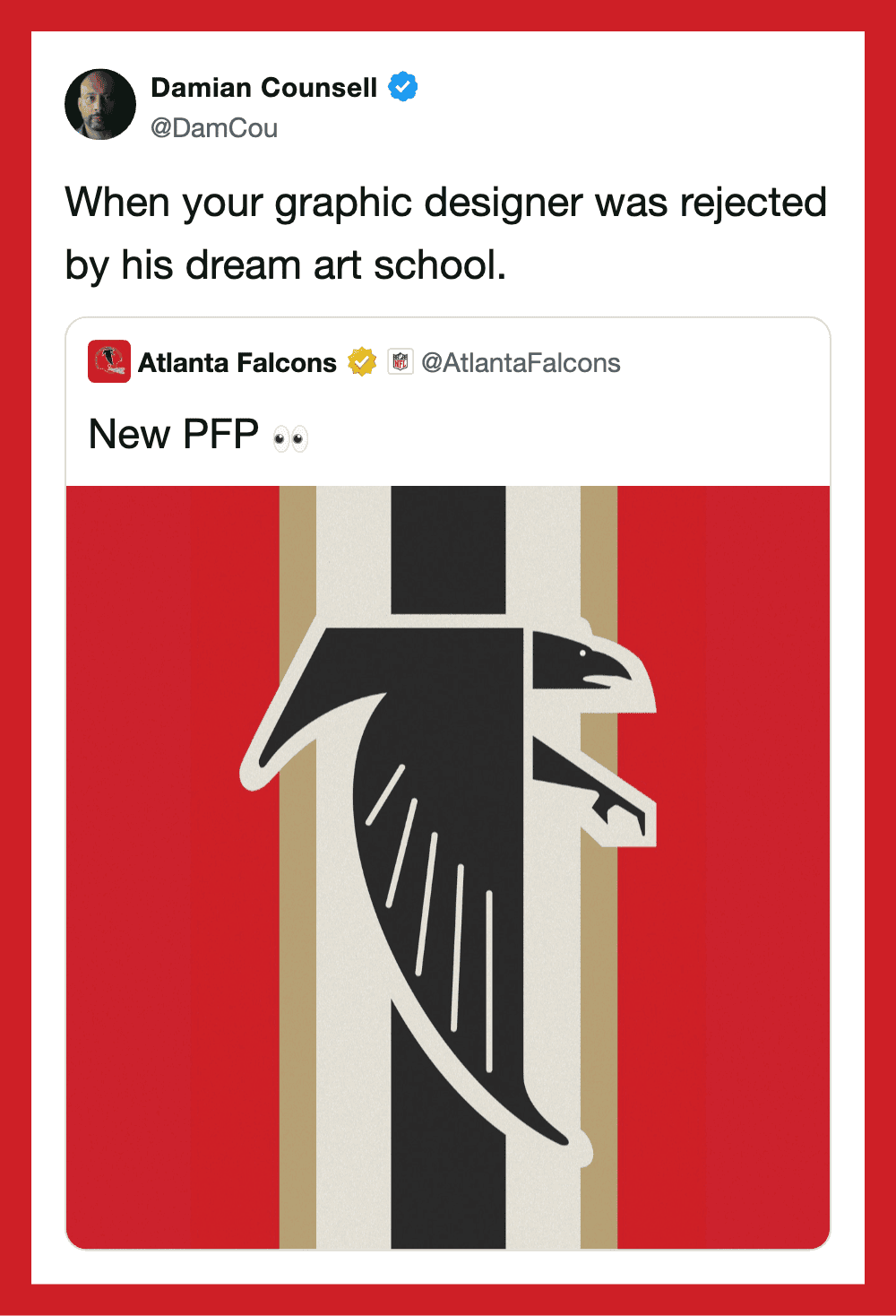 Tweet about graphic designer rejected by his dream art school with an image of a stylized falcon.