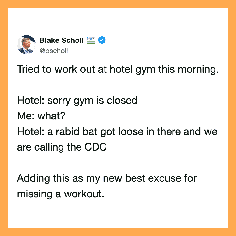 Twitter post by Blake Scholl about a hotel gym closed and a rabid bat.