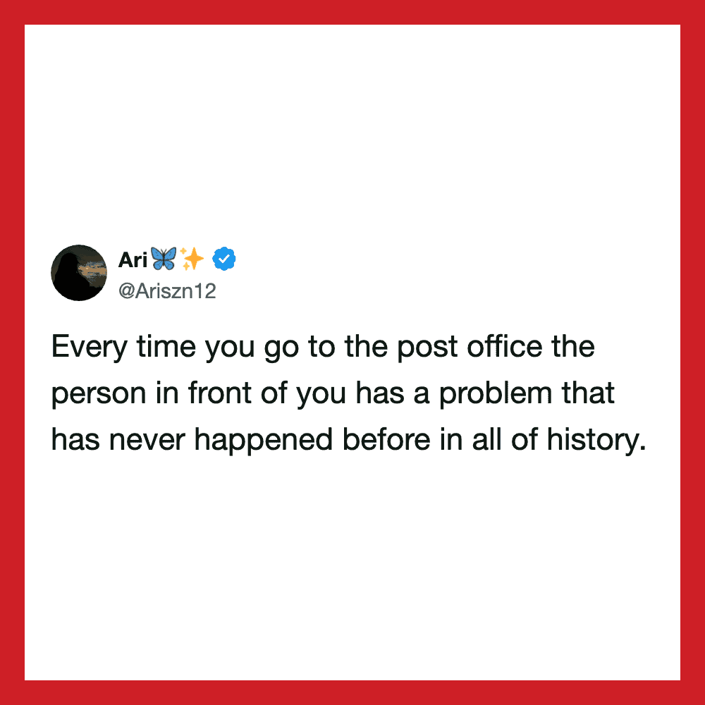 A tweet by Ari about post office problems and history.