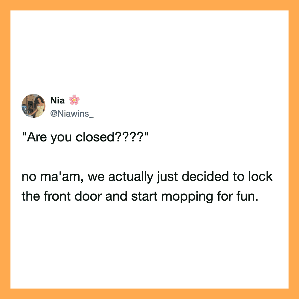 Tweet from Nia asking if the place is closed, saying they locked the front door for fun.
