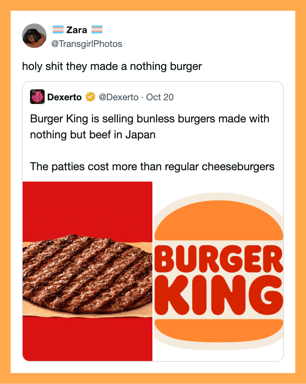 Image of a burger with the Burger King logo and a tweet about nothing burgers.