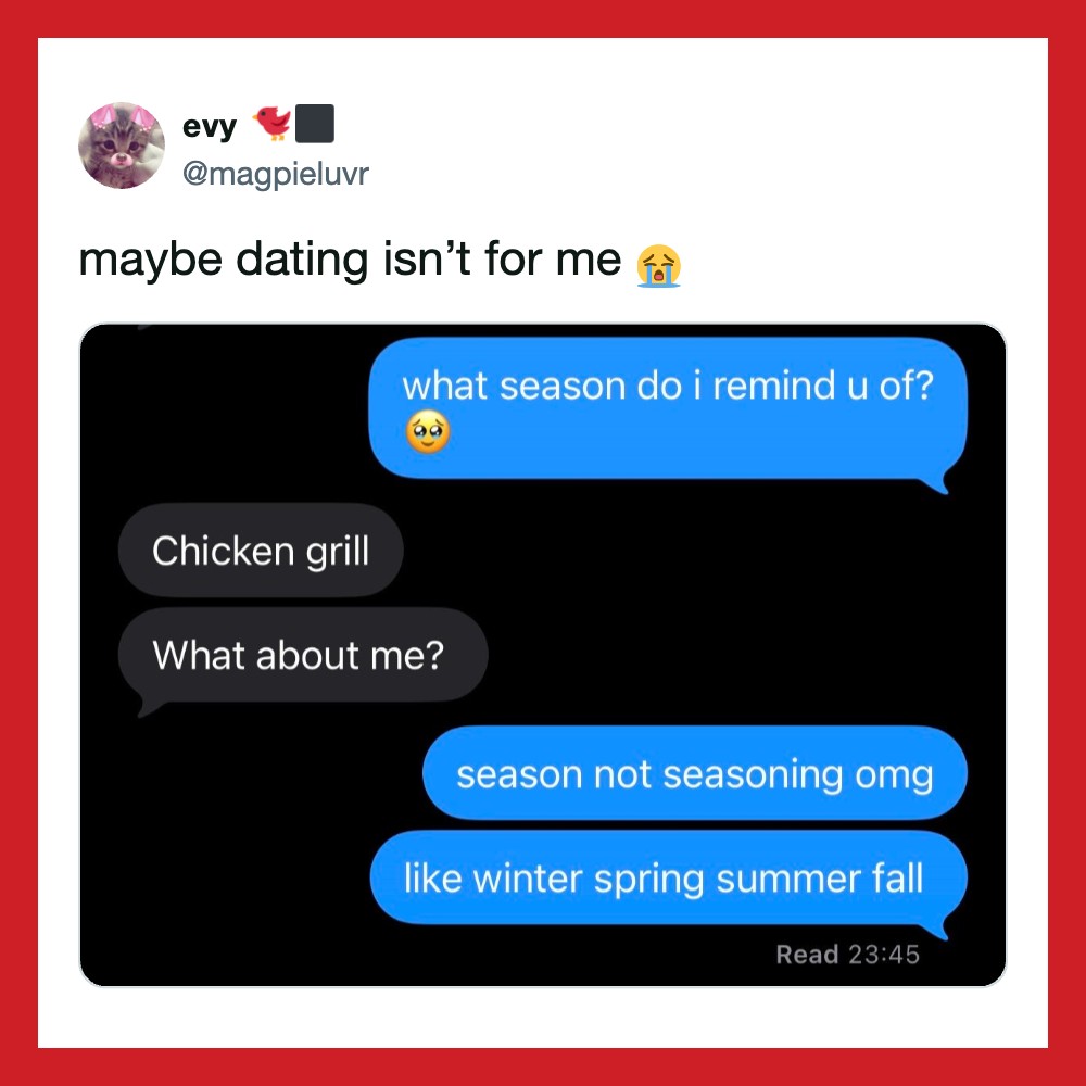 Twitter conversation about dating and seasons with a cat profile picture.
