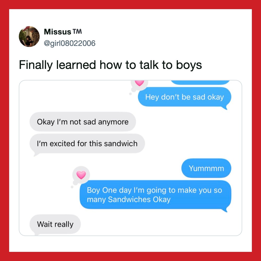 Twitter conversation about talking to boys, with emojis and humorous tone.