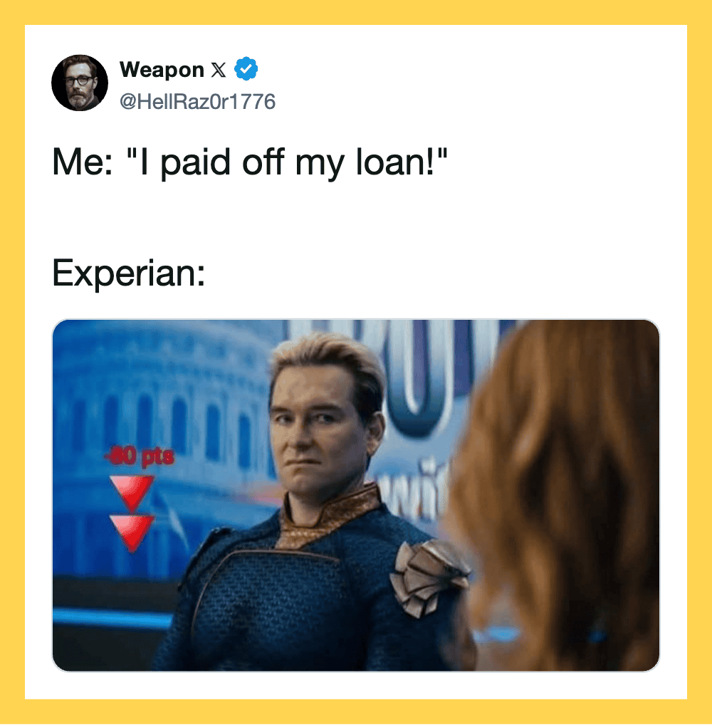 Meme showing a scene from The Boys with a caption about paying off a loan.