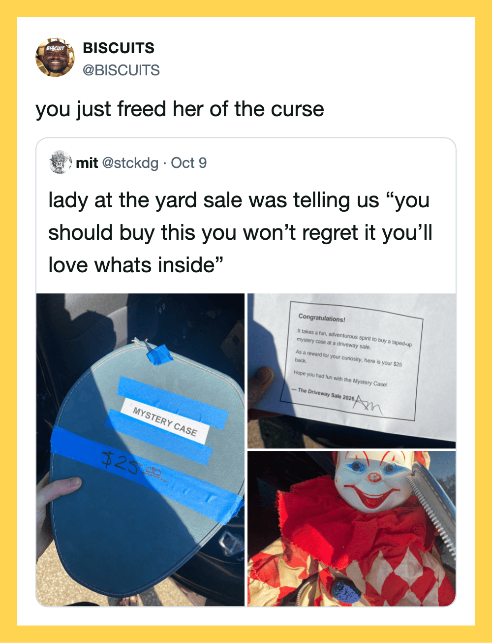 A mystery case with a $25 price tag, a congratulatory note, and a clown doll.