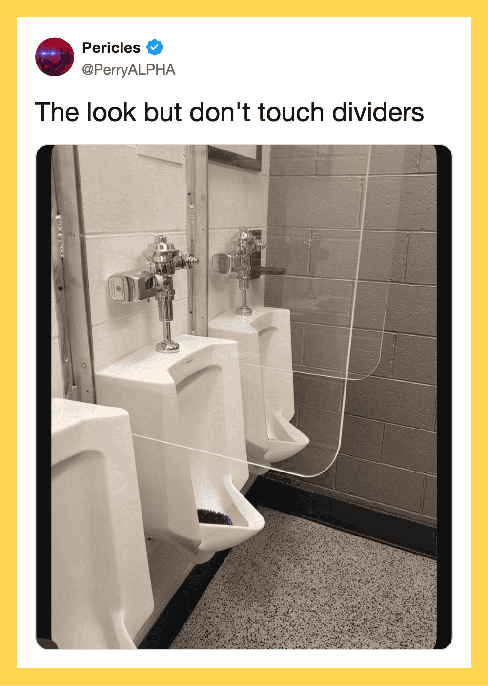 Three urinals with dividers, but the dividers are not to be touched.