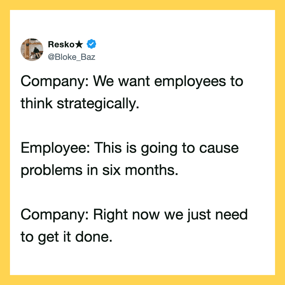 Resko's tweet about company and employee discussing strategy and problems.