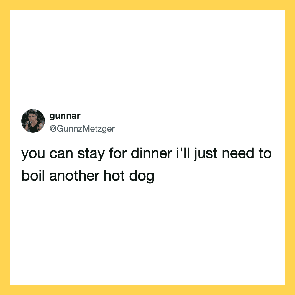 Twitter post by @GunnzMetzger about boiling a hot dog for dinner.