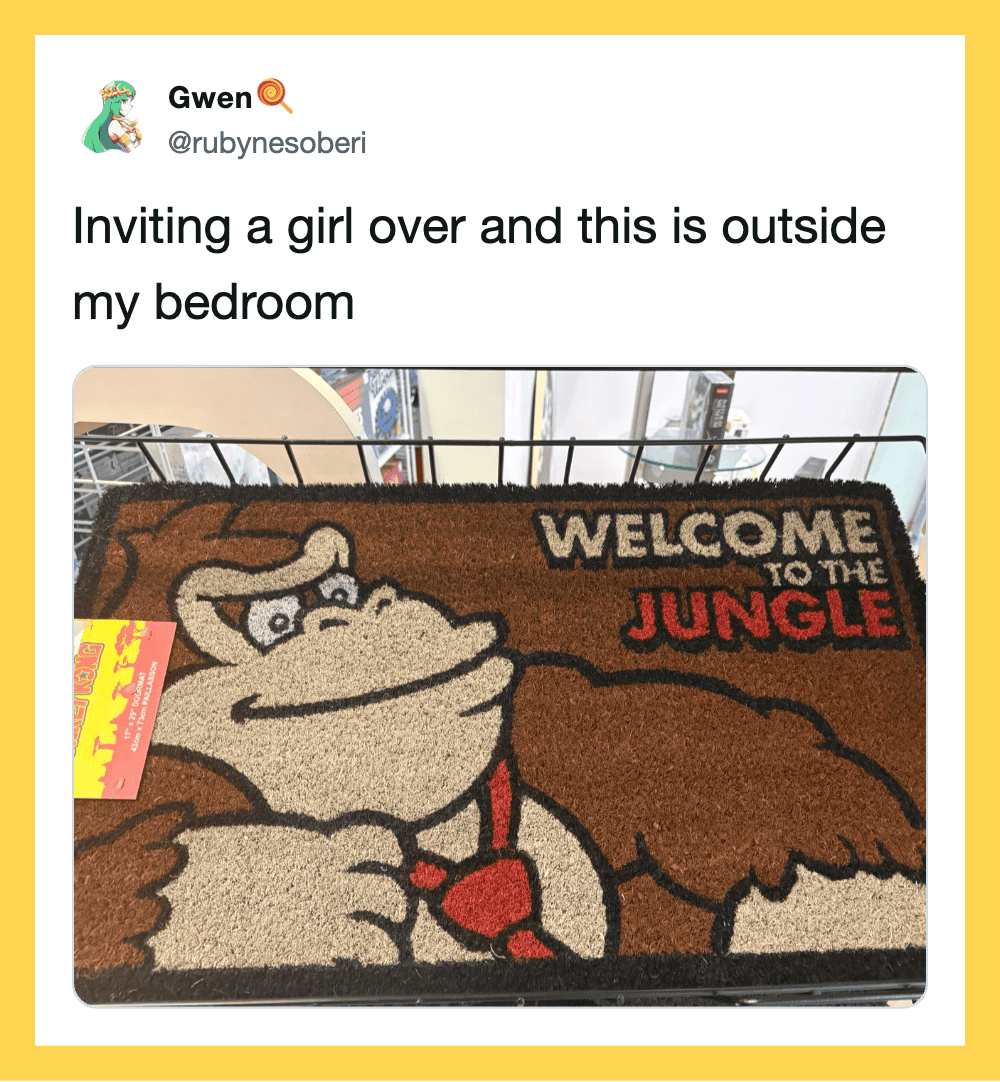 Welcome to the Jungle doormat with cartoon character and red heart.