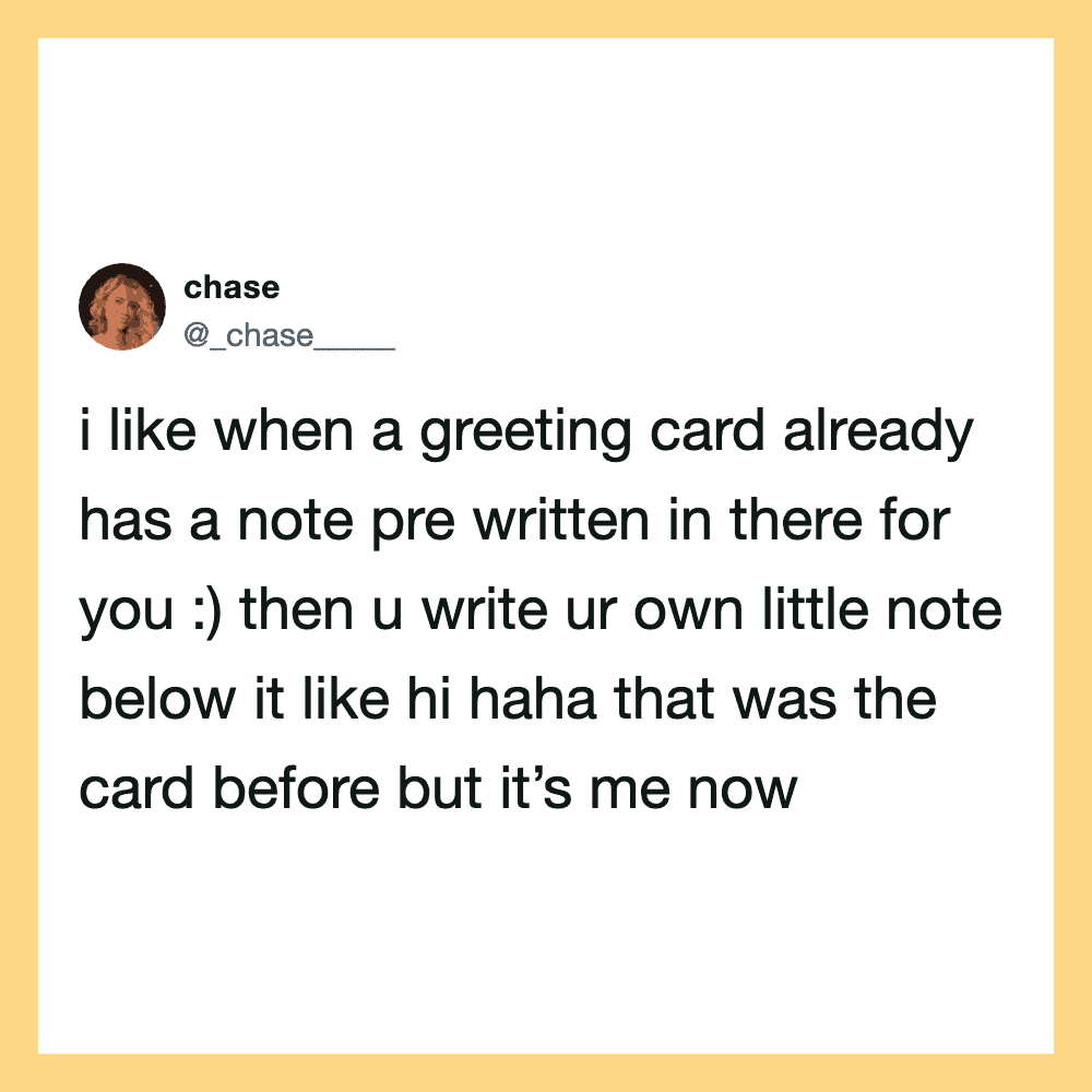 Twitter post about greeting cards with pre-written notes and writing own note.