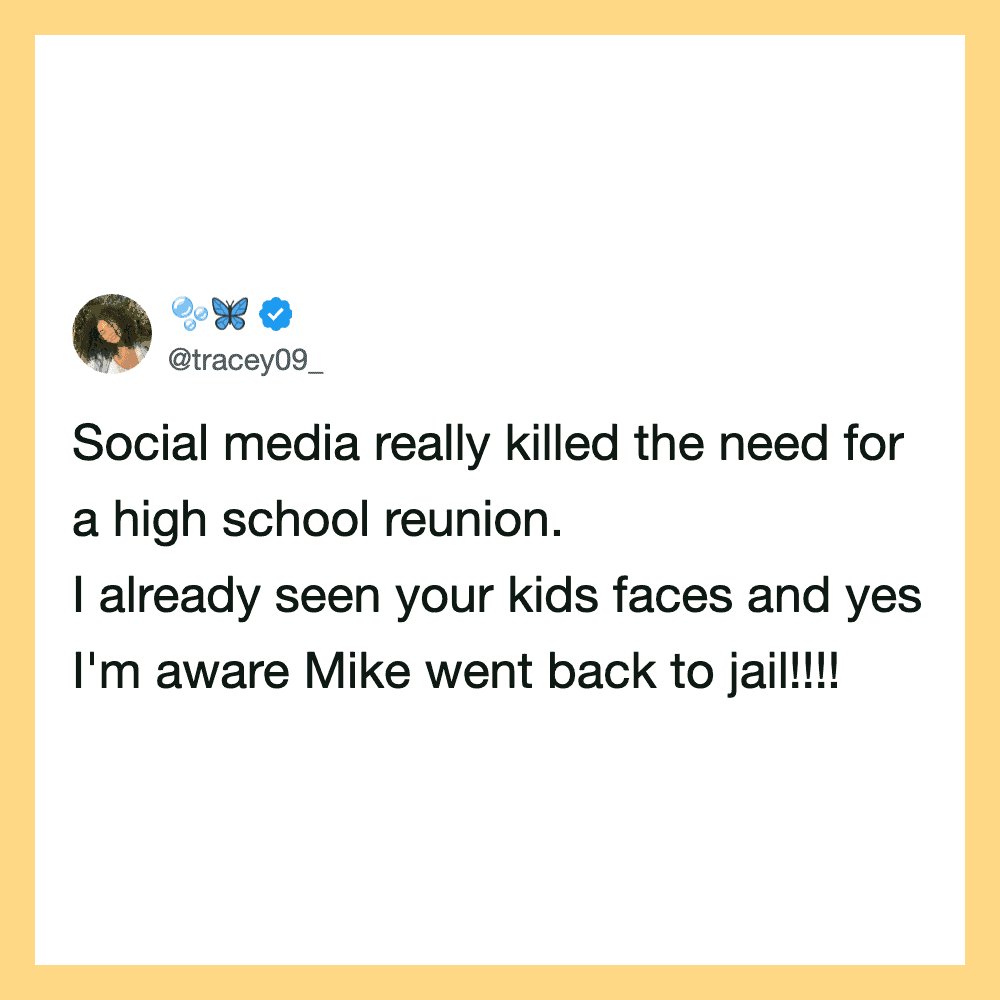 Social media post about high school reunions and Mike going to jail.