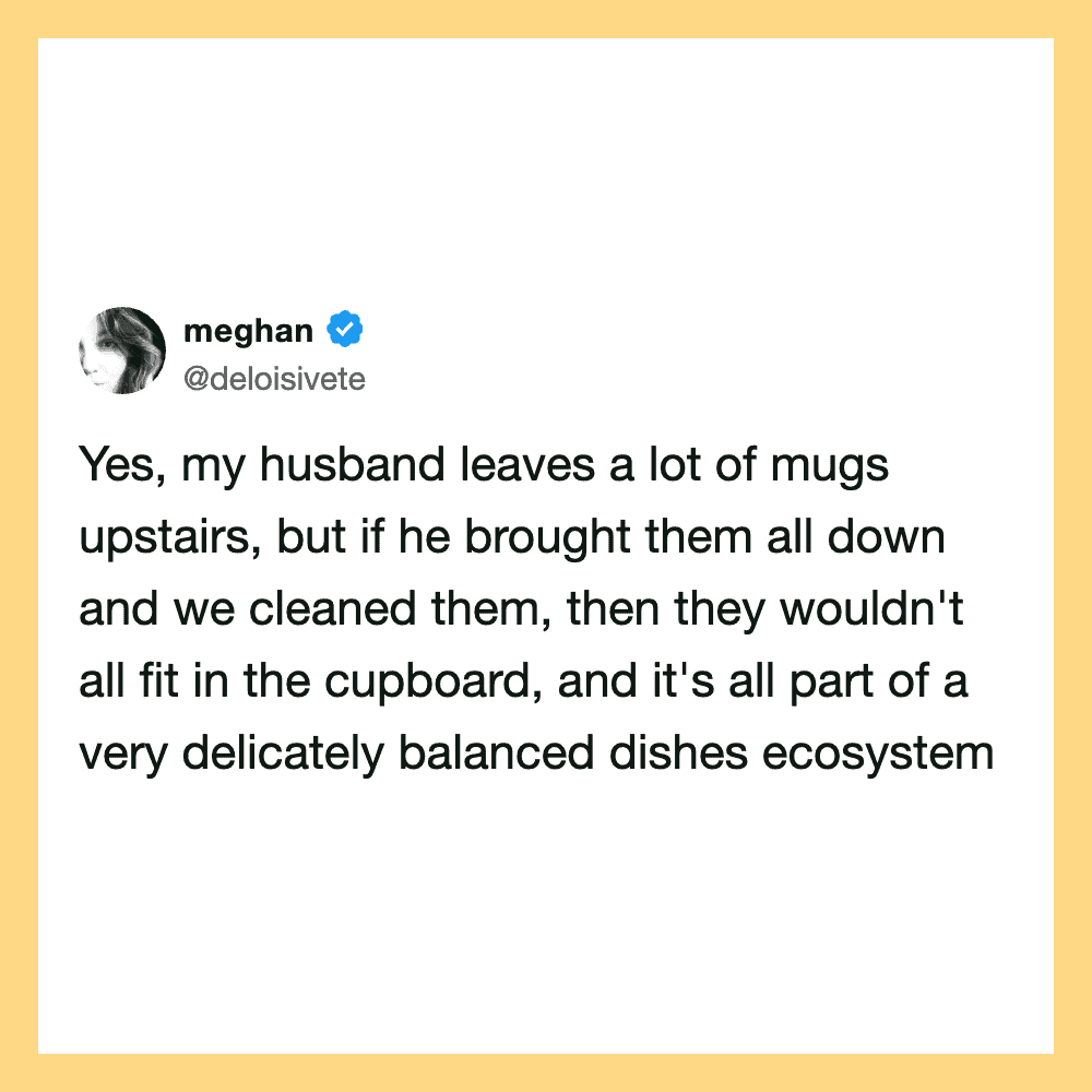 Tweet by meghan about husband's mug collection and eco-friendly cleaning.