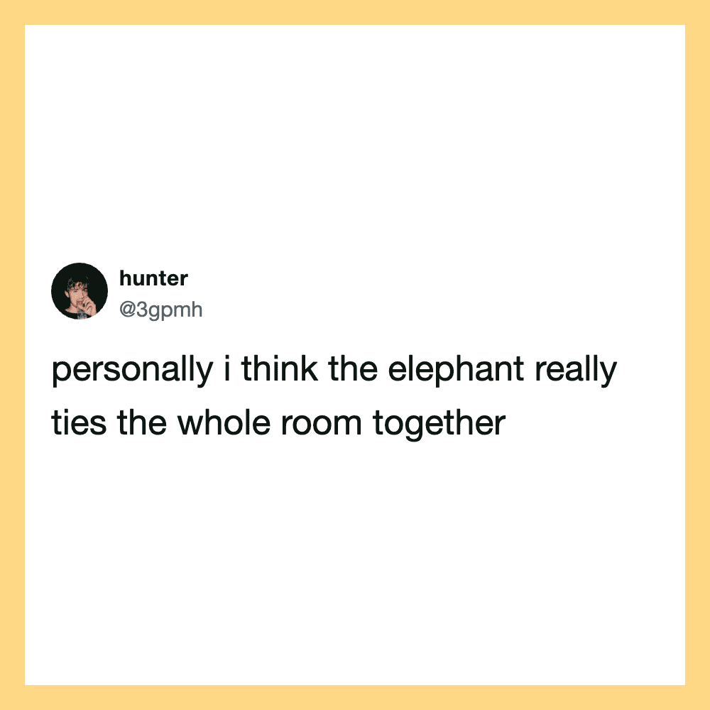 Twitter post by @3gpmh about elephants tying the room together.