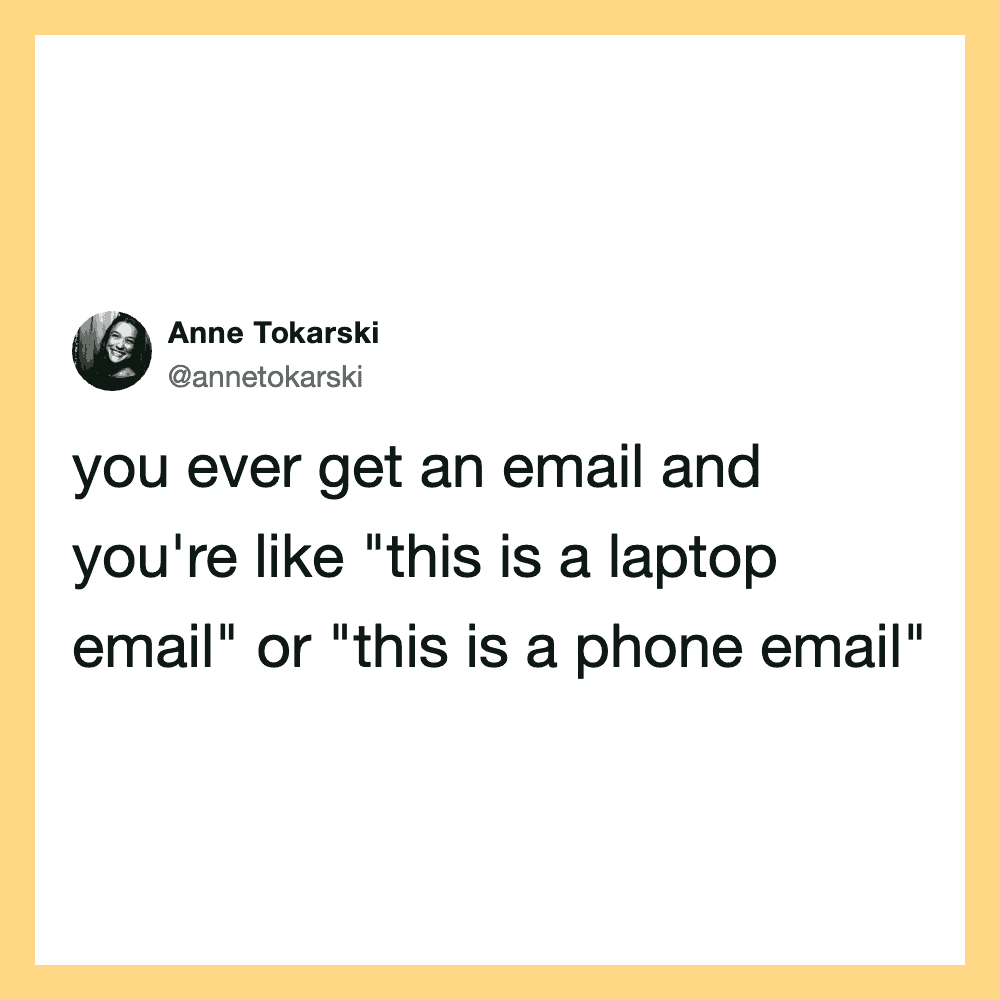 Anne Tokarski's tweet about confusing email types.