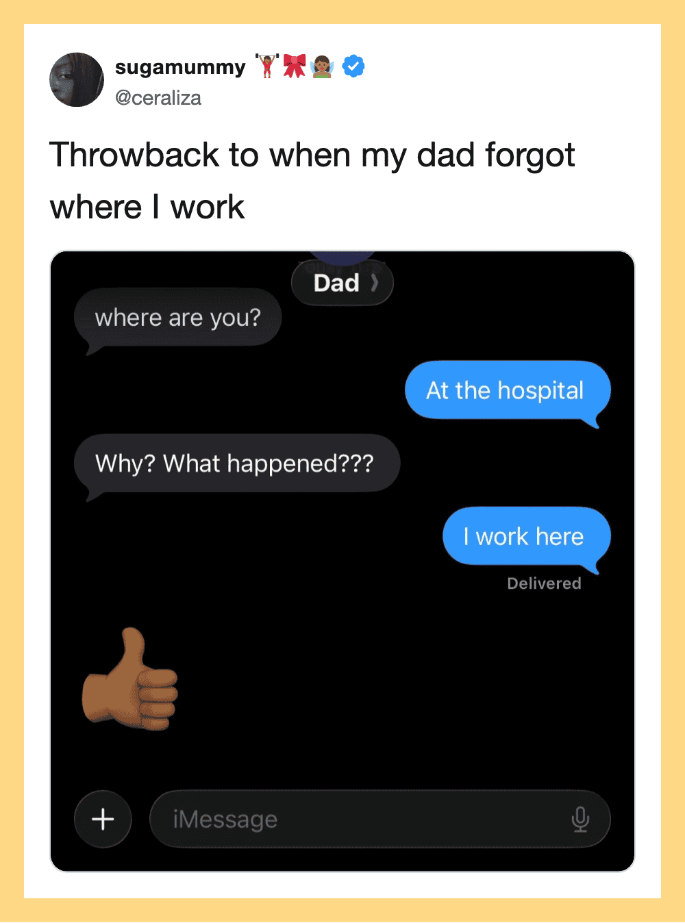 Screenshot of a text conversation where a dad asks 'where are you?' and the reply is 'At the hotel,'.