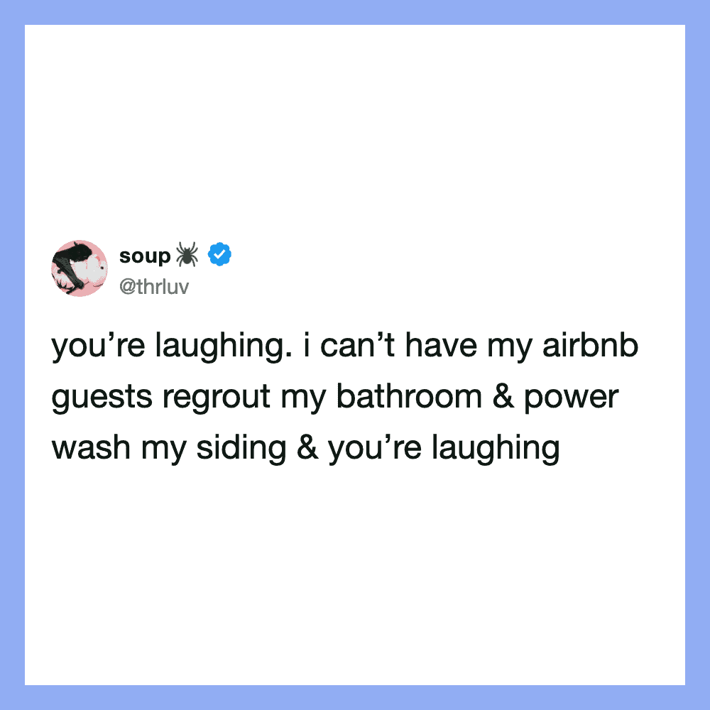 You’re laughing. i can’t have my airbnb guests regrout my bathroom & power wash my siding & you’re l.