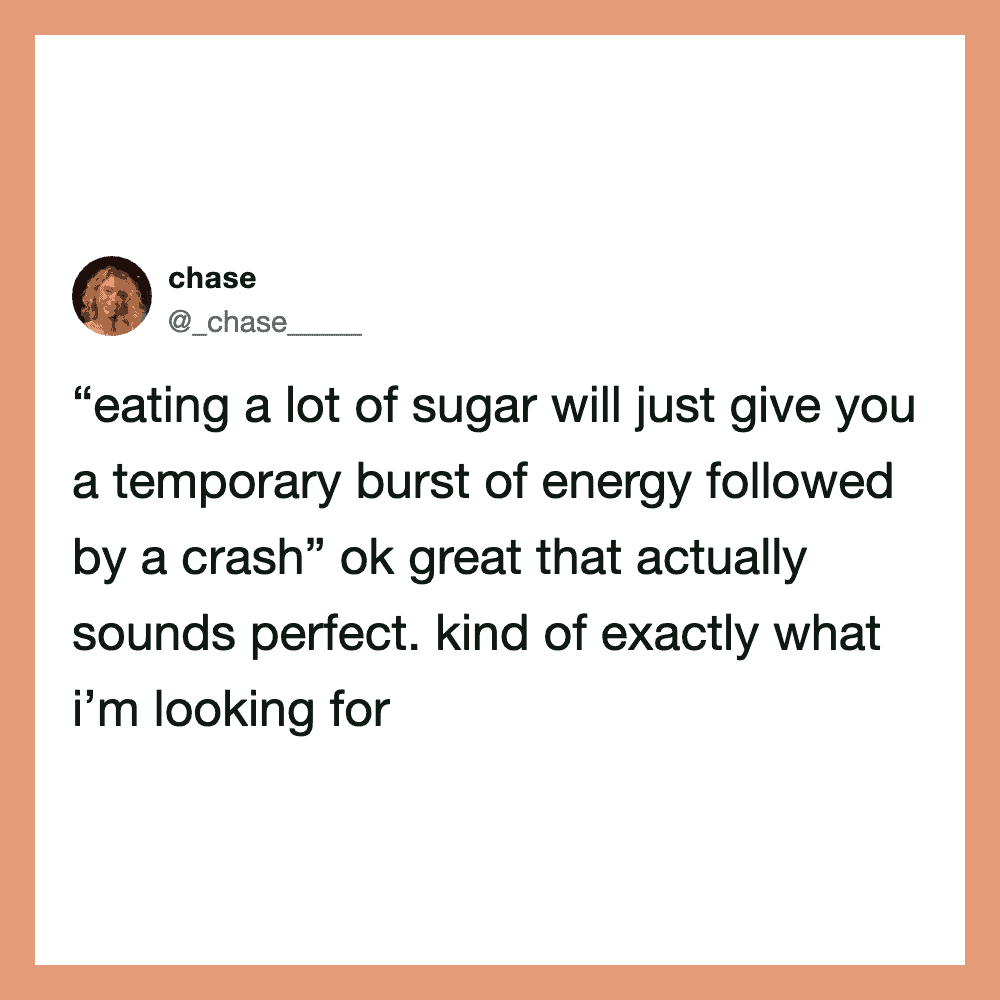 Twitter post by chase about sugar giving a temporary energy burst.