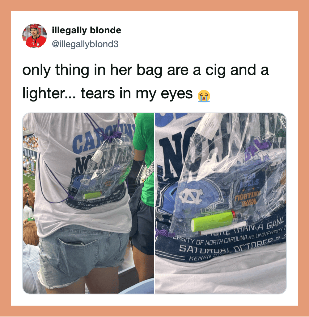 Bag with a cigarette lighter and tears in her eyes, as shown in the image.