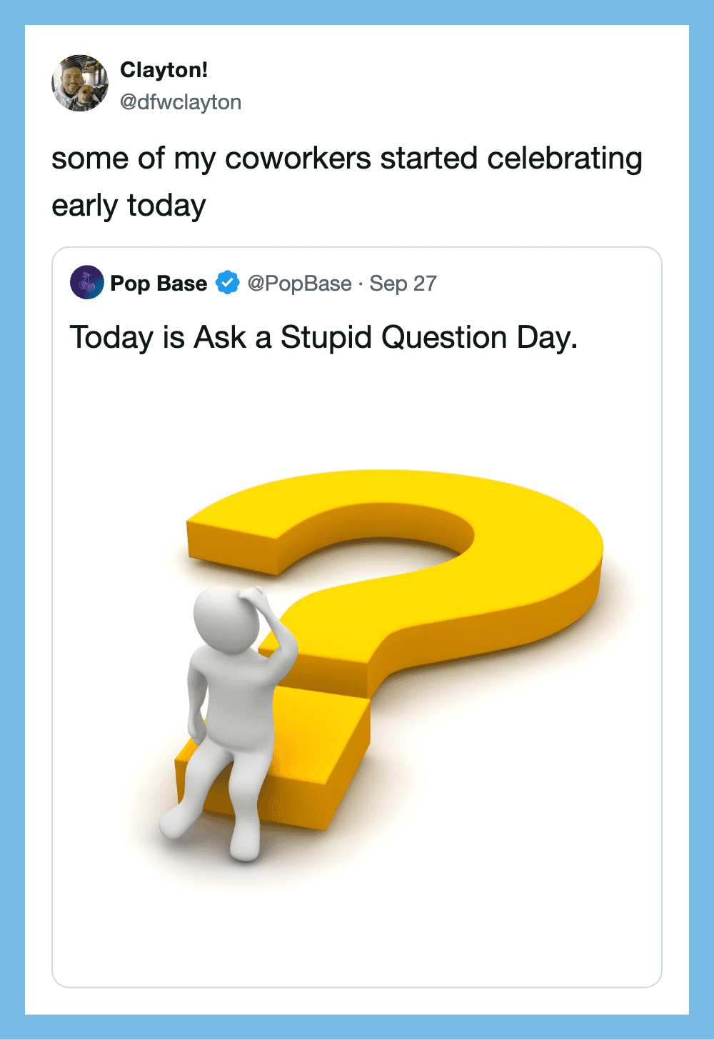 A person sitting on a yellow question mark with a hand on their head.