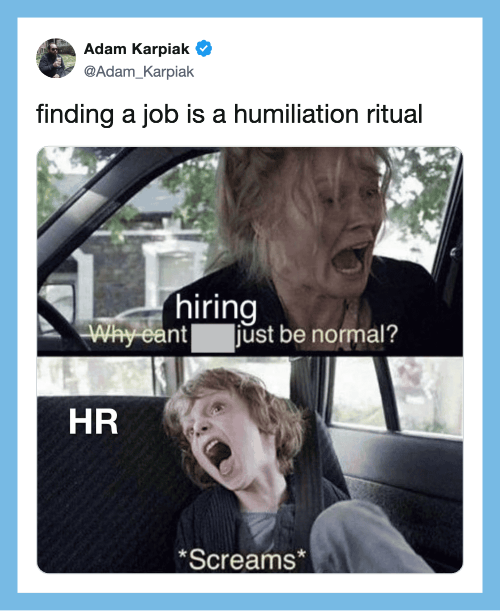 Meme about job hunting with a woman and child screaming in a car.