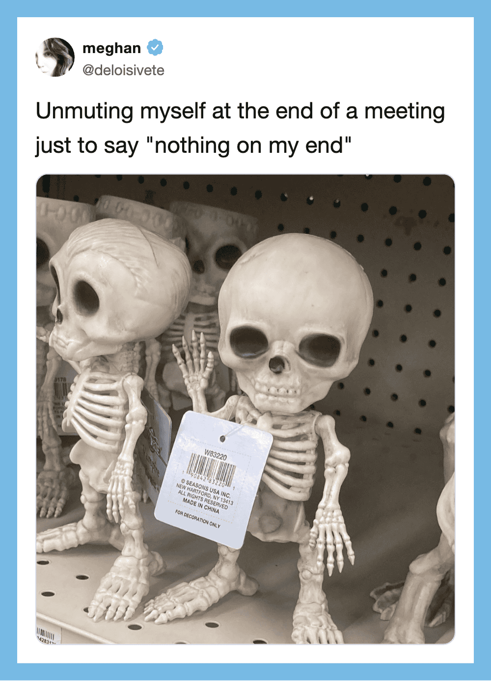 Skeleton figurines with one holding a price tag, on a store shelf.