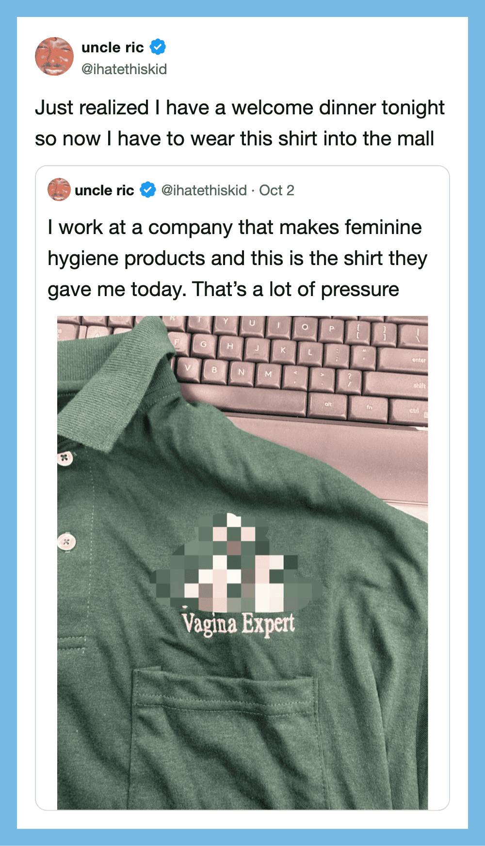 A green shirt with a pixelated graphic and the text 'Vagina Expert' on it.