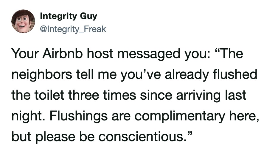 Your Airbnb host messaged you: “The neighbors tell me you’ve already flushed the toilet three times….