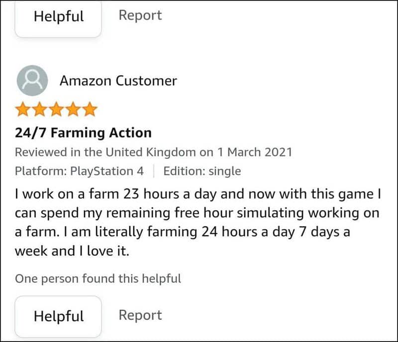 Amazon review for 24/7 Farming Action game, 5 stars, praising farming simulation.
