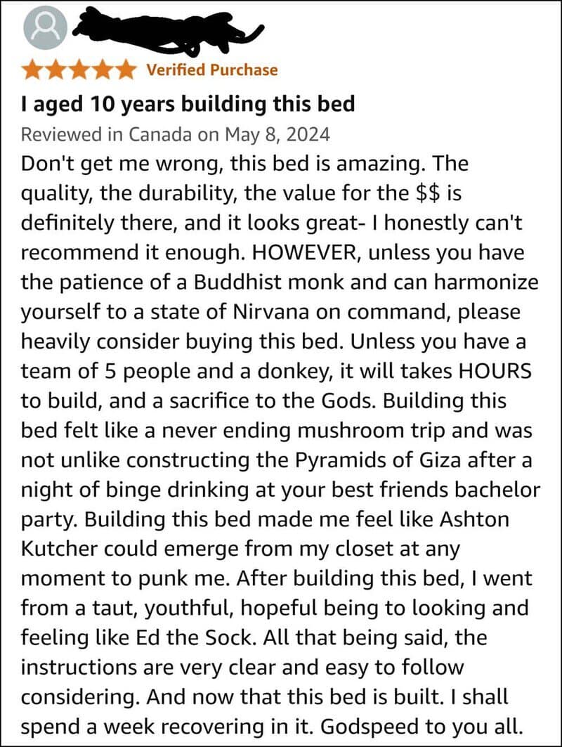 A humorous review of a bed, comparing it to a Buddhist monk and a pyramid, with a playful tone.