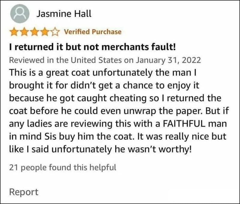 Customer review by Jasmine Hall about a coat, mentioning a cheating incident.
