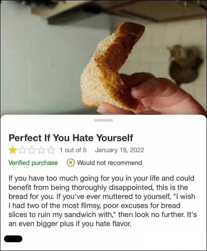 A hand holding a piece of bread with a humorous review about bread and self-hate.