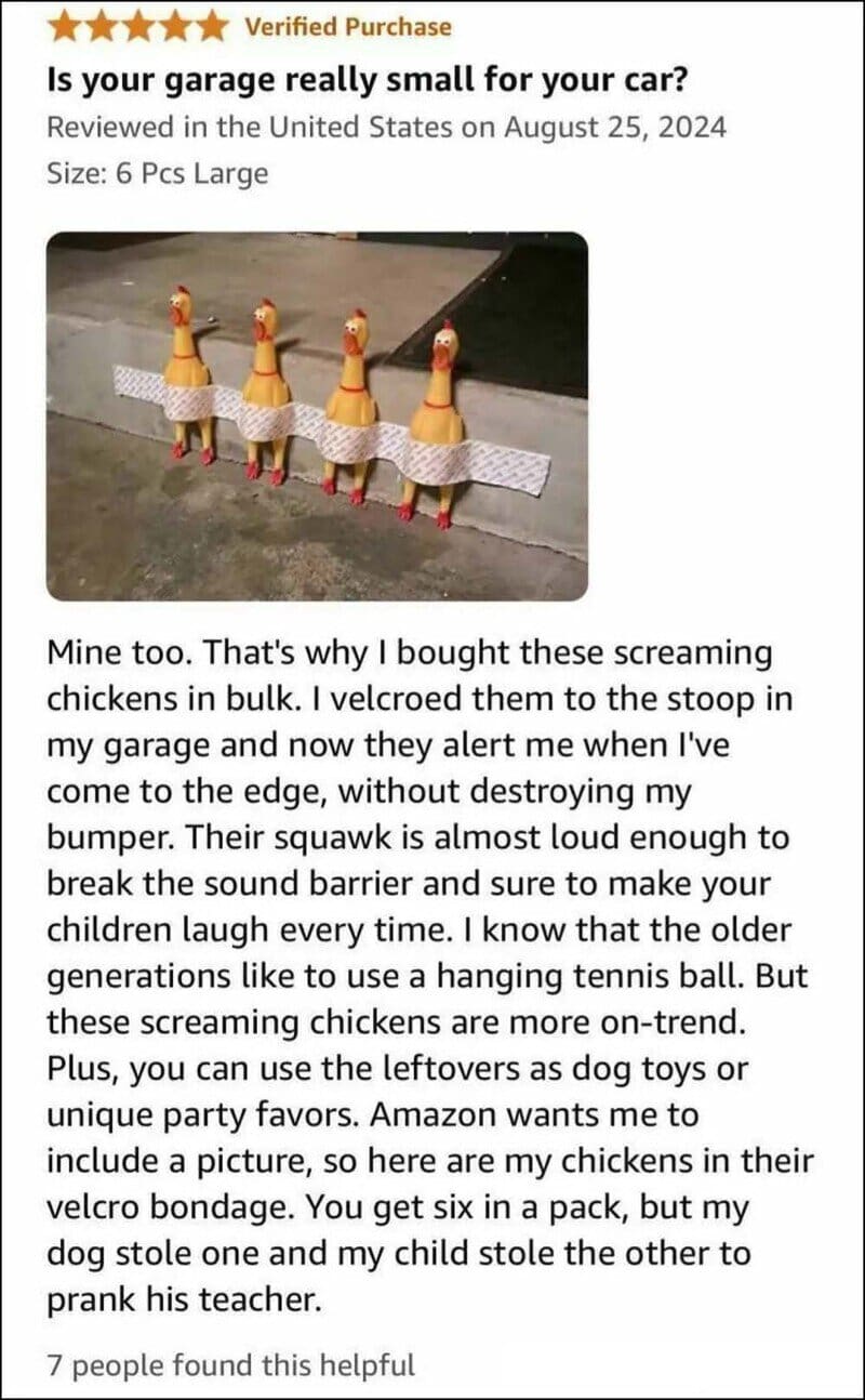 Four chicken figurines dressed as screaming chickens on a sidewalk.