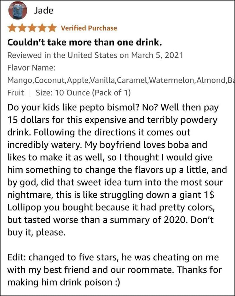 Customer review about a flavored drink, mentioning a lollipop and a boyfriend.