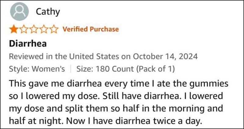 Customer review about diarrhea from Amazon, with 1-star rating and verified purchase.