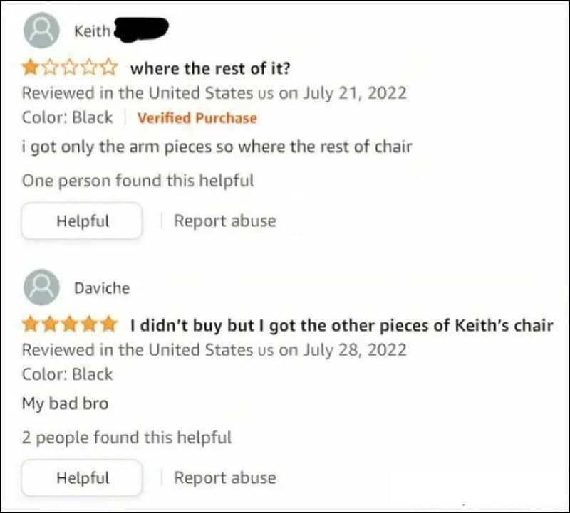 Customer reviews about Keith and Daviche's chairs on Amazon, with ratings and comments.