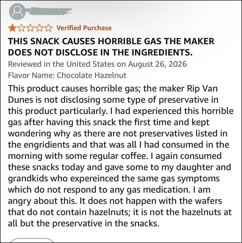 Review of a snack warning about horrible gas and undisclosed ingredients.