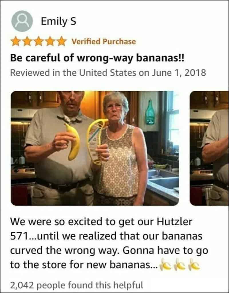 Funny review with a man and woman holding bananas, titled 'Be careful of wrong-way bananas!!'.