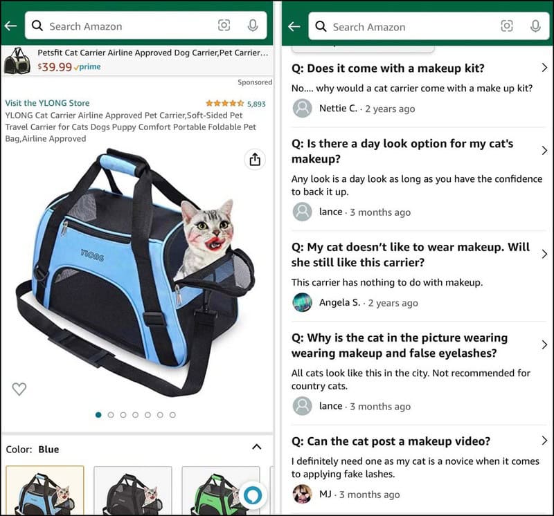 Petstf Cat Carrier Airline Approved Blue with a cat inside and makeup questions.