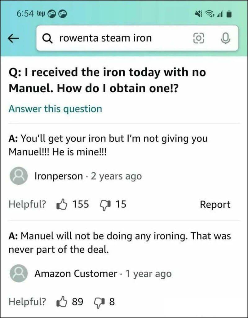 Screenshot of a Q&A about receiving a Rowenta steam iron without Manuel.