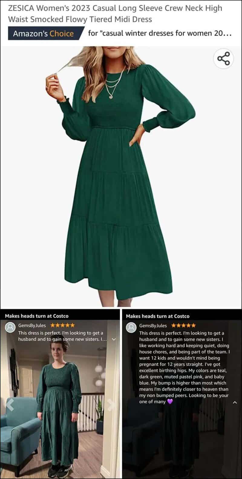 Green long sleeve casual dress with tiered skirt, model with hand on waist.