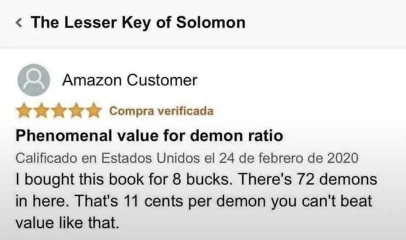 Amazon review with 5 stars, 'Phenomenal value for demon ratio,' 72 demons, bought for 8 bucks.
