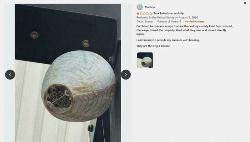 Balloon with a drone inside, attached to a wall, with a review about a task failure.