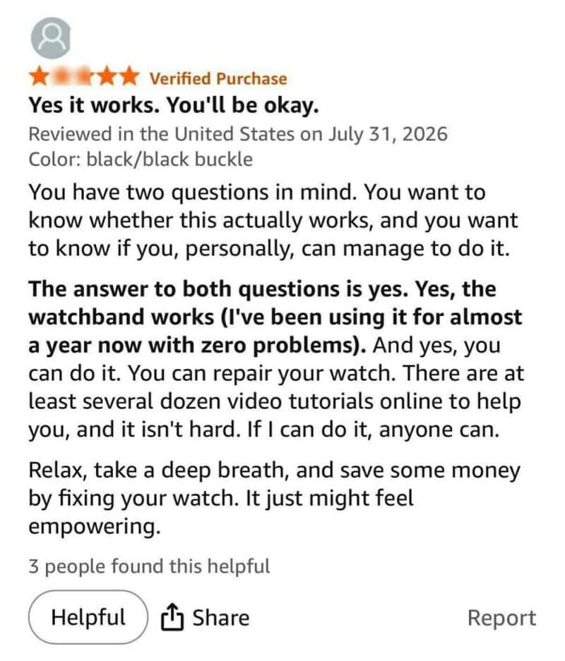 Customer review about watchband durability and ease of use.