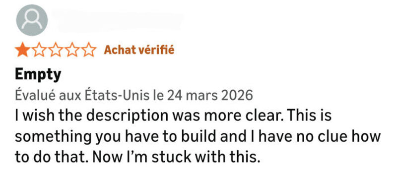 Empty US Amazon review from March 24, 2026, with 1-star rating.